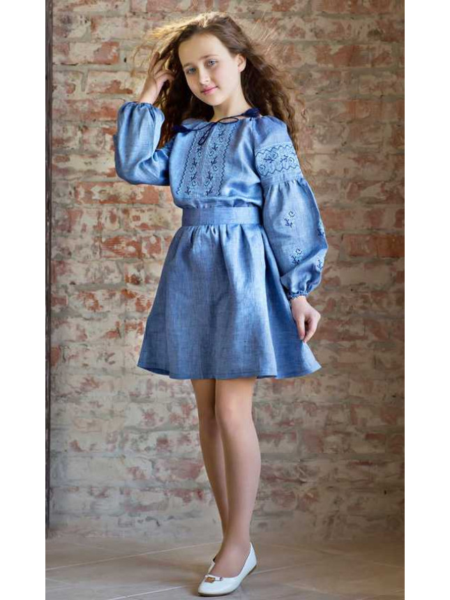 Dress for a girl in denim linen 817-8.1