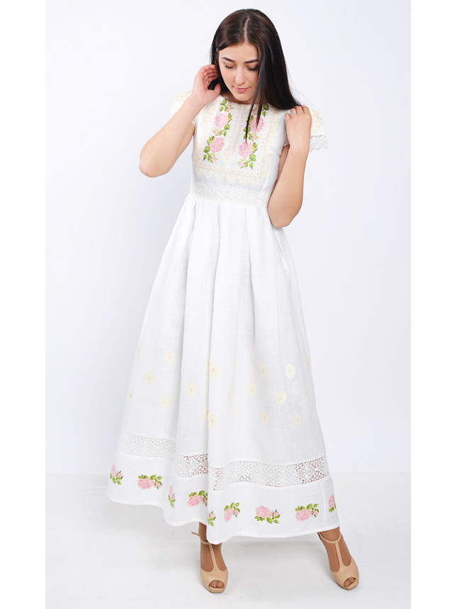 Snow-white dress with delicate embroidery and lace 7235