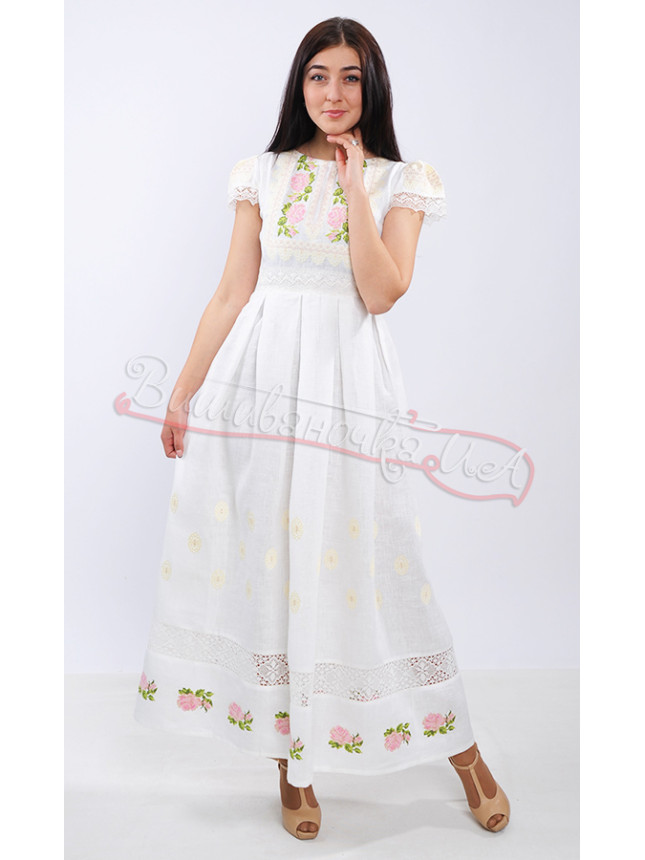 Snow-white dress with delicate embroidery and lace 7235