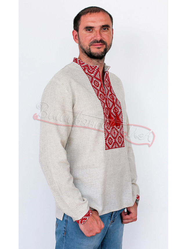 Мужская рубашка с красной вышивкой, лён 3387 размер 54
