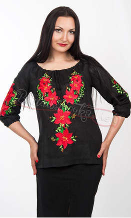 Black vyshyvanka with red flowers 7121