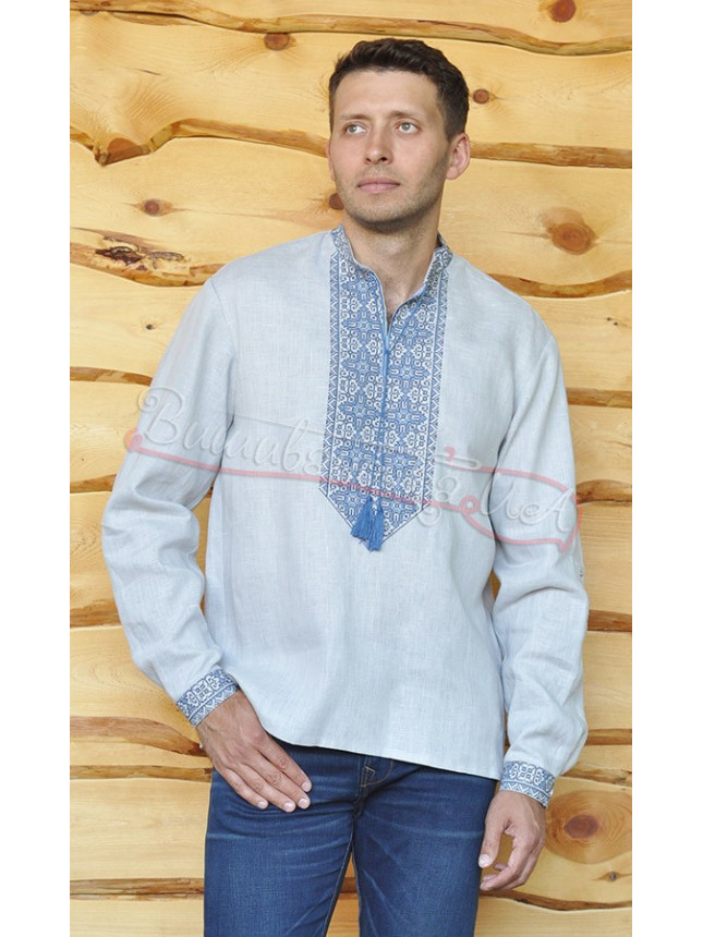 Men's linen vyshyvanka with blue embroidery М27 size 50