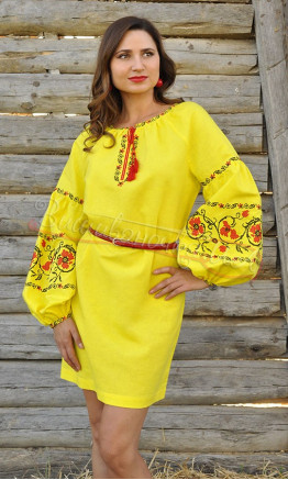 Yellow linen dress П242