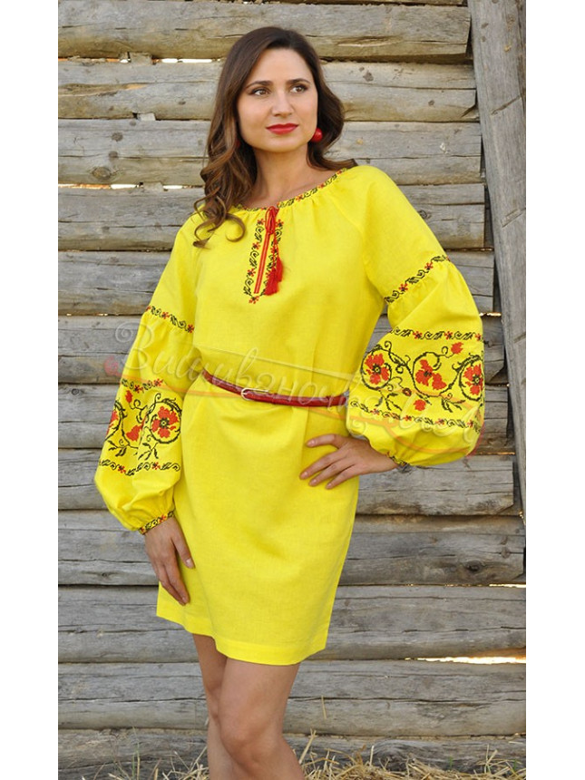 Yellow linen dress П242 size 48