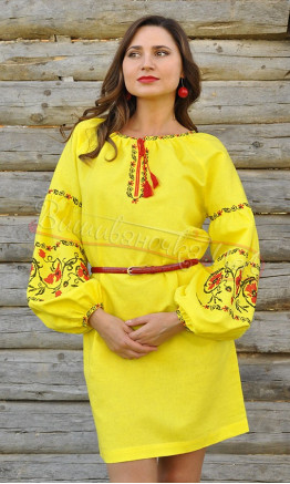 Yellow linen dress П242