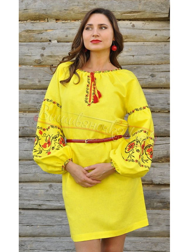 Yellow linen dress П242 size 48
