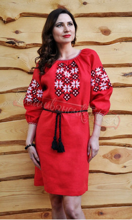 Red dress in linen П05