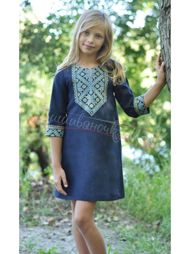 Dark-blue linen dress for a girl ДП18