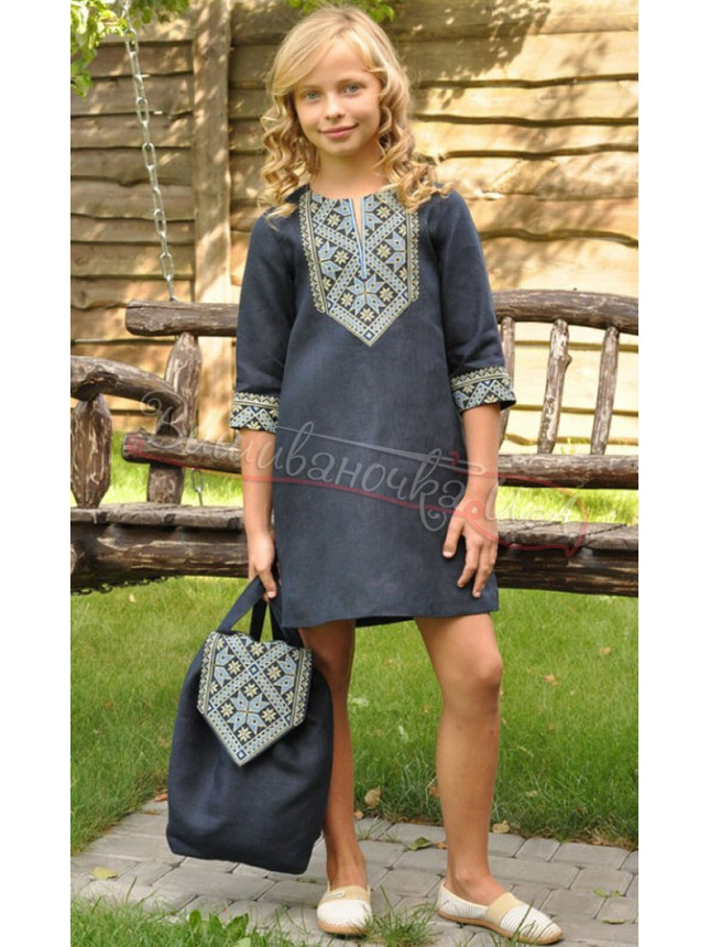Dark-blue linen dress for a girl ДП18