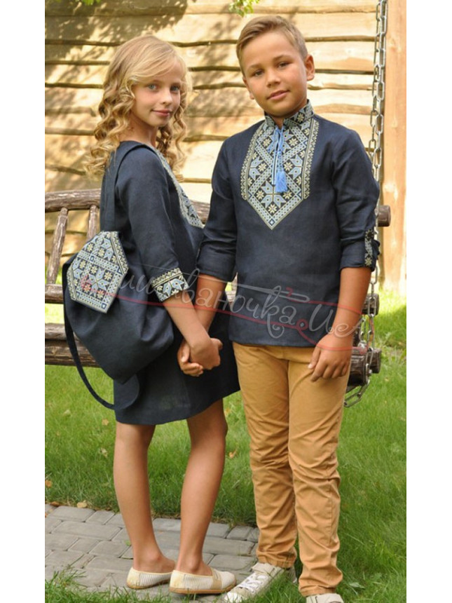 Dark-blue linen dress for a girl ДП18