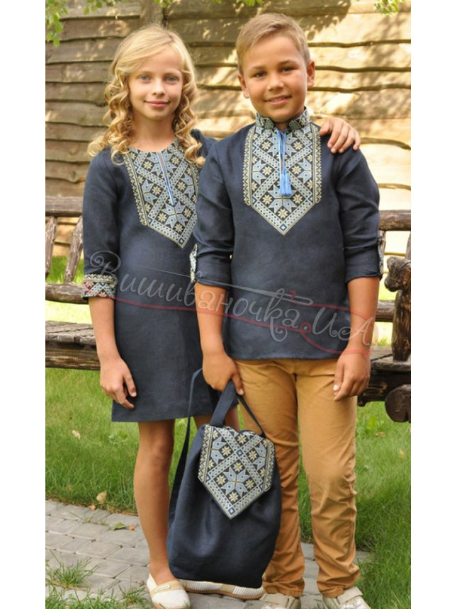 Dark-blue linen dress for a girl ДП18