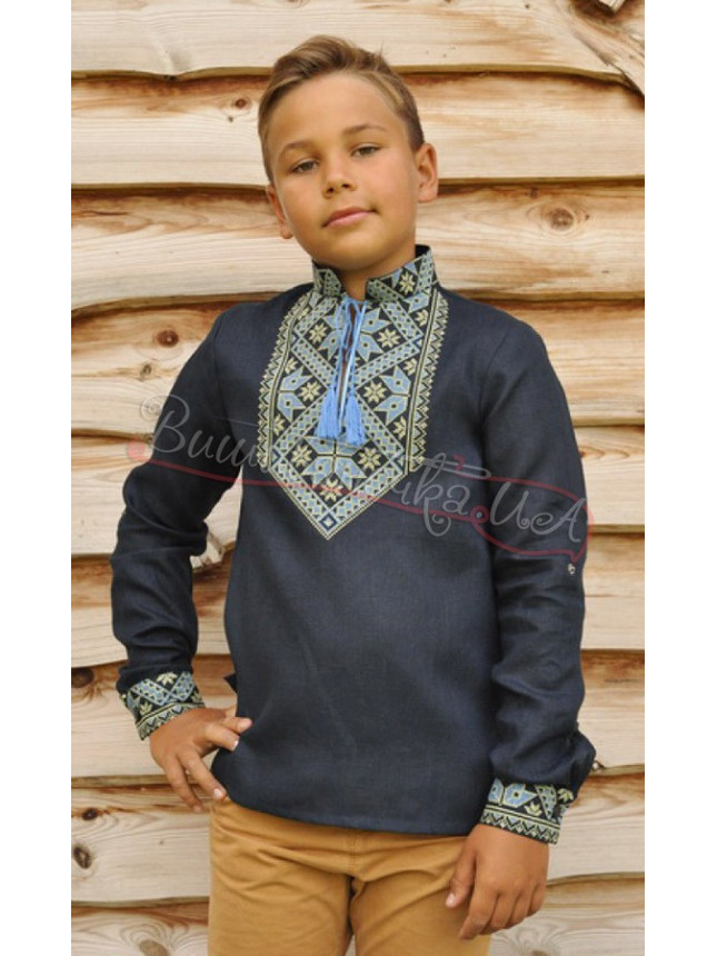 Children's shirt in dark-blue linen ДМ18 size 152