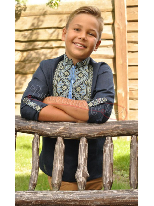 Children's shirt in dark-blue linen ДМ18 size 152
