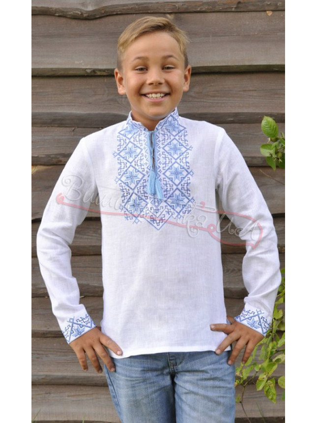 White vyshyvanka in linen with light blue embroidery ДМ012 size 110