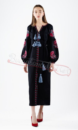 Black dress with traditional floral pattern НК02