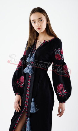 Black dress with traditional floral pattern НК02