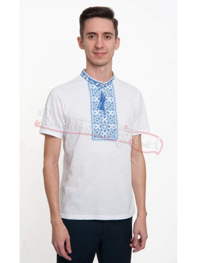 White men's T-shirt with blue embroidery 5202