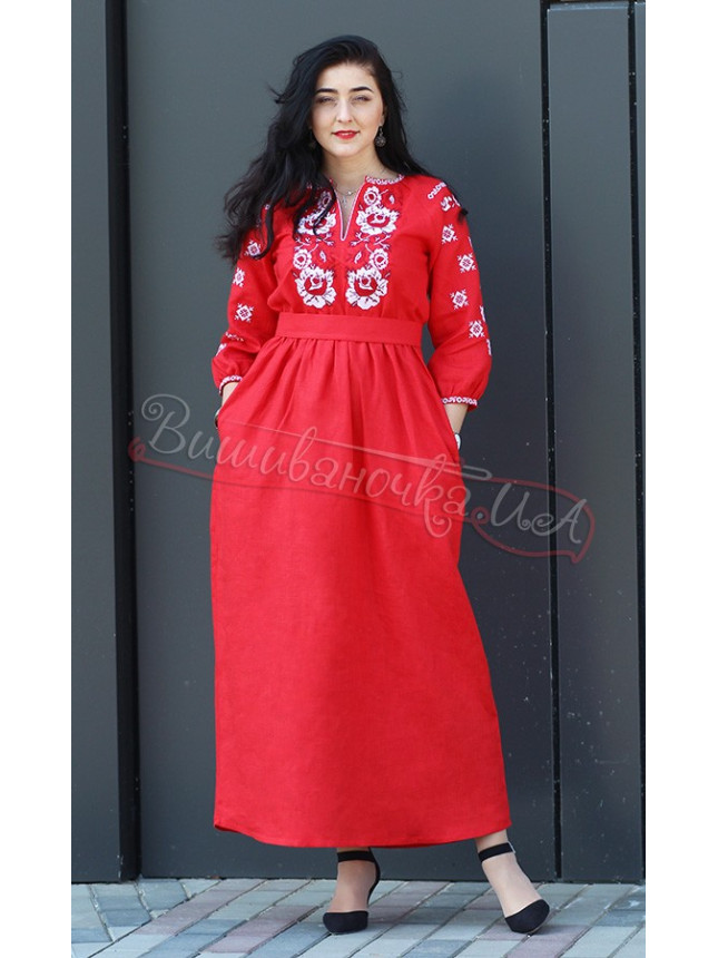 Red long dress with roses 122-3 size 42