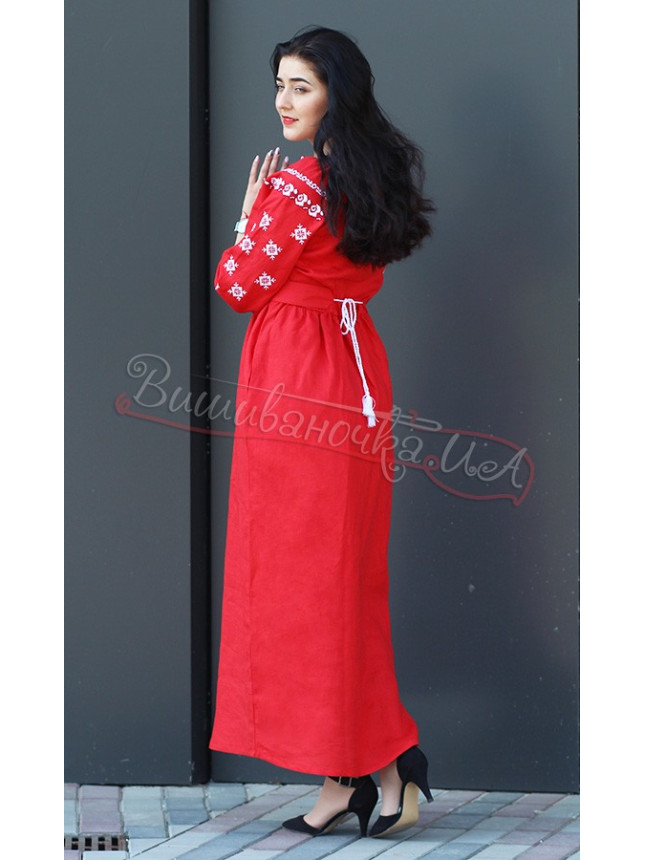 Red long dress with roses 122-3 size 42