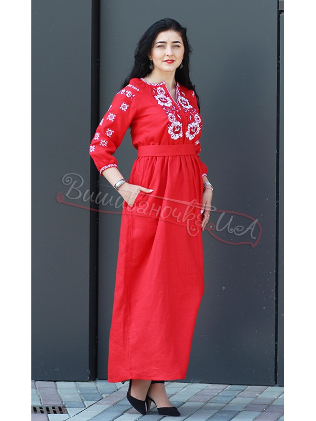 Red long dress with roses 122-3 size 42