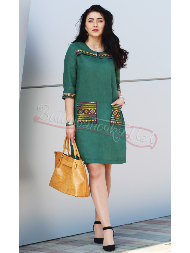 Linen women's dress with geometric design 4167 size 50