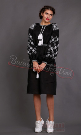 Black women's linen dress with embroidery 51212