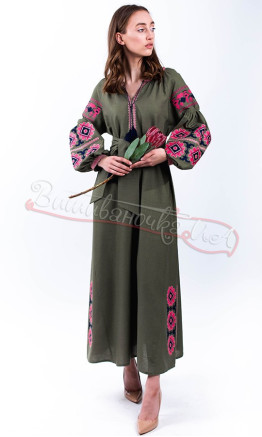 Stylish dress in linen with bright embroidered ornament ОК03