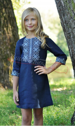 Children's dress in dark-blue linen ДП01