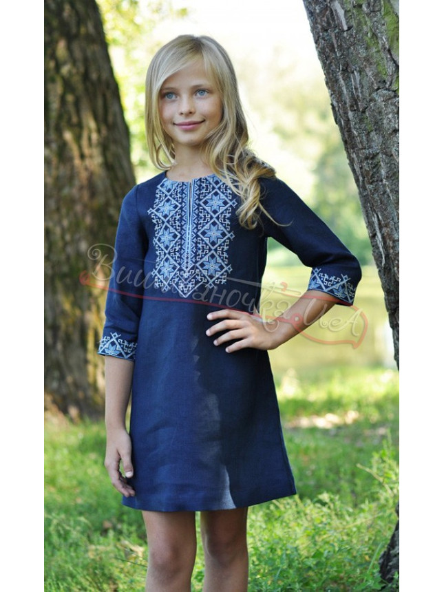 Children's dress in dark-blue linen ДП01