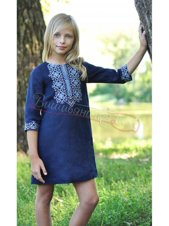 Children's dress in dark-blue linen ДП01