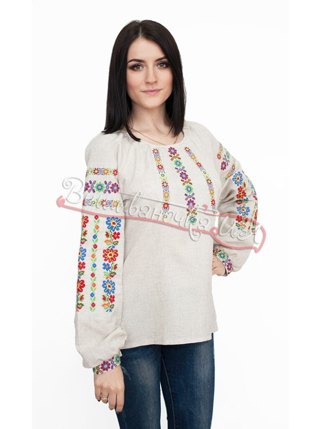 Vyshyvanka with flowers on grey canvas 523-2