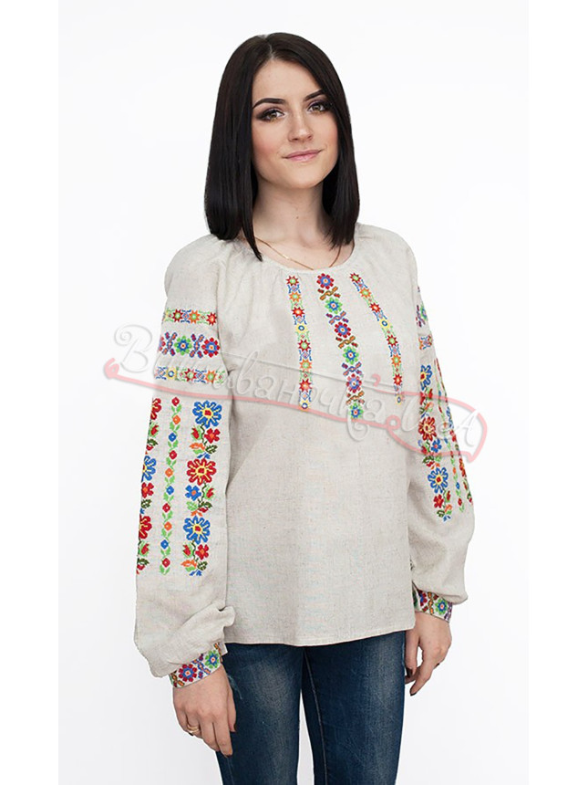 Vyshyvanka with flowers on grey canvas 523-2