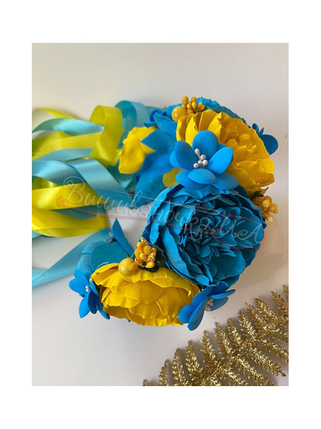 Flower crown light blue-yellow with ribbons В21