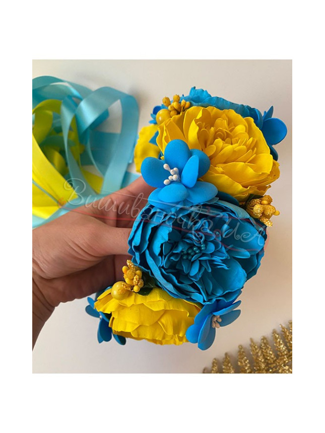 Flower crown light blue-yellow with ribbons В21