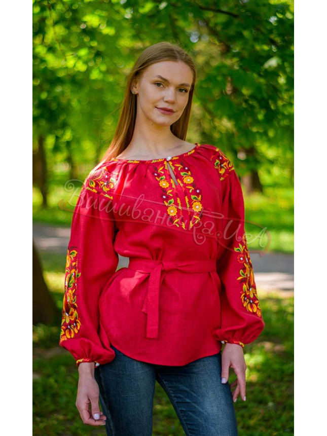 Red vyshyvanka with Petrykivka pattern 4594 size 54