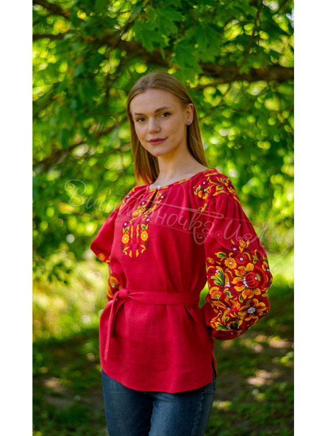 Red vyshyvanka with Petrykivka pattern 4594 size 54