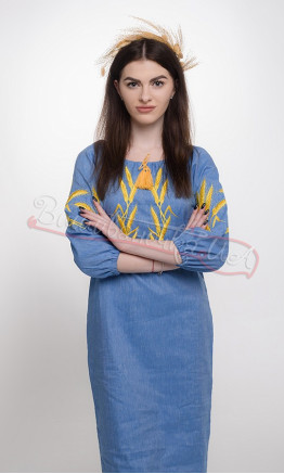 Dress in light blue with embroidered wheat ears 152-6