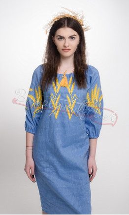Dress in light blue with embroidered wheat ears 152-6