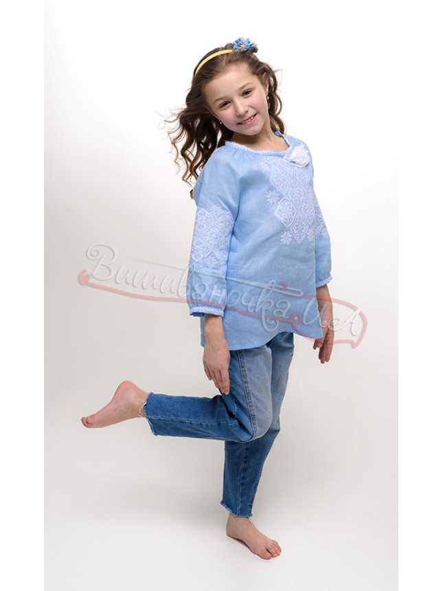 Vyshyvanka for a girl in light blue linen 944-6