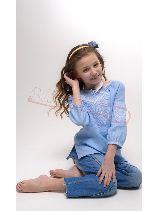 Vyshyvanka for a girl in light blue linen 944-6
