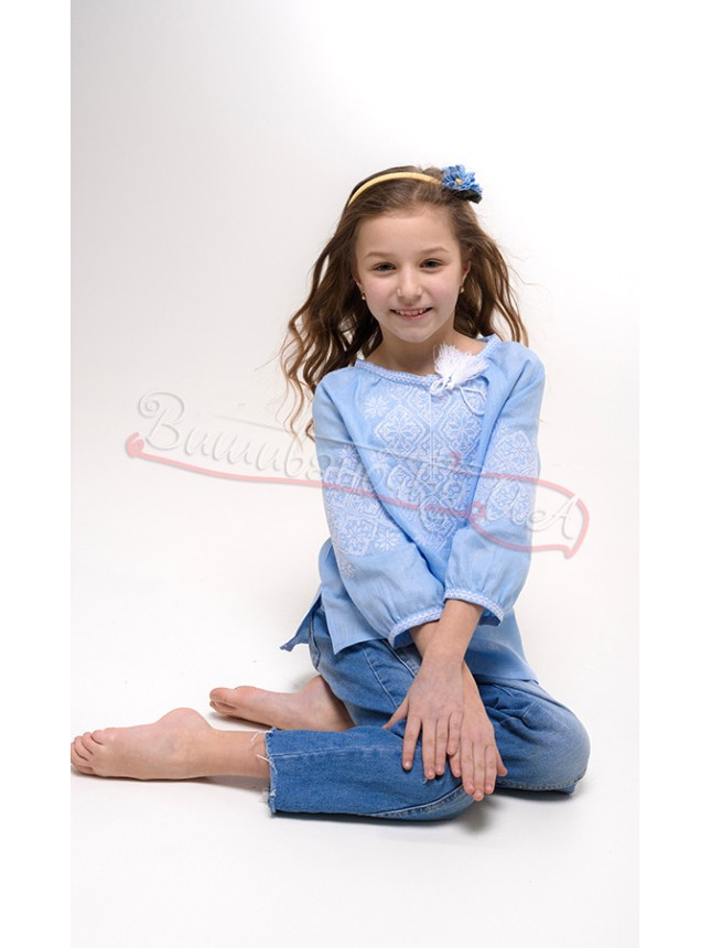 Vyshyvanka for a girl in light blue linen 944-6