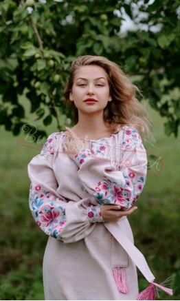 Длинное платье из натурального льна 4634 цвет Розовый