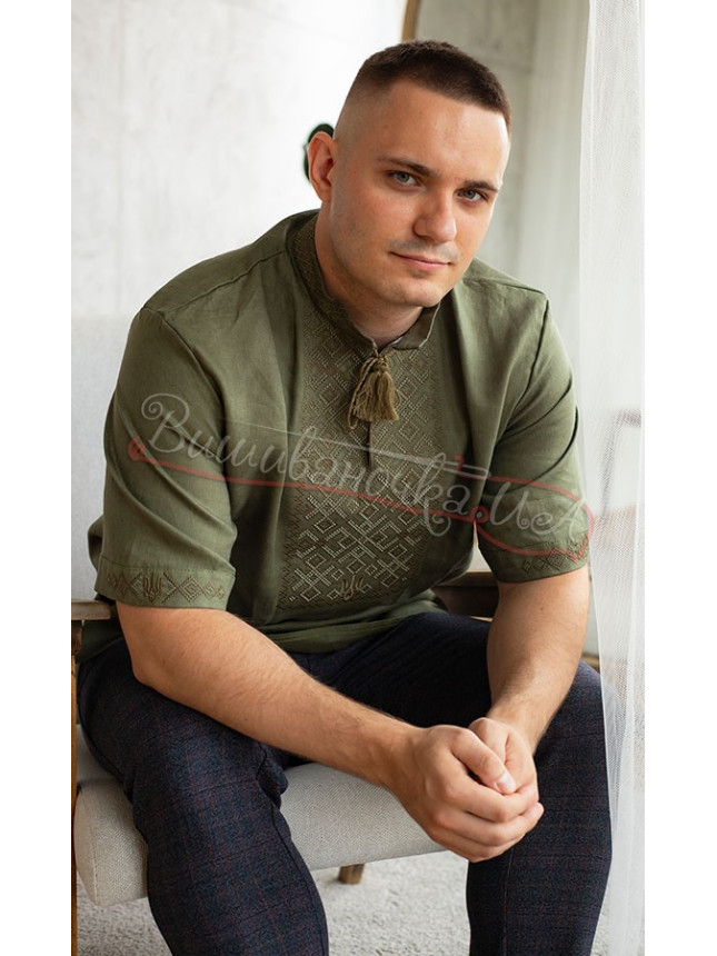 Men's vyshyvanka with the coat of arms in khaki 301-5К