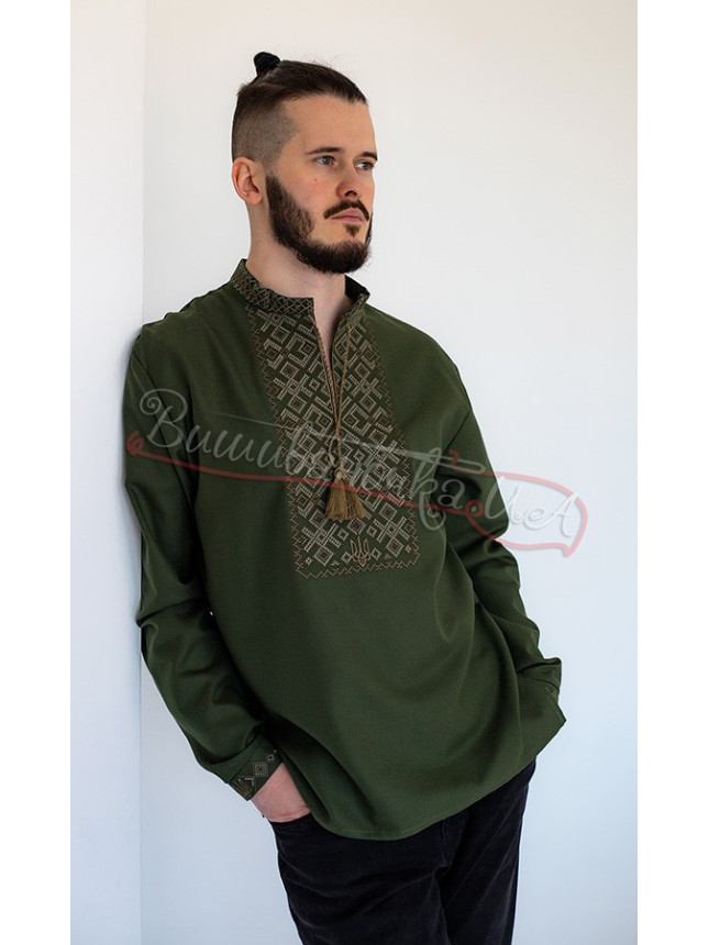 Vyshyvanka in khaki with the coat of arms 301-5