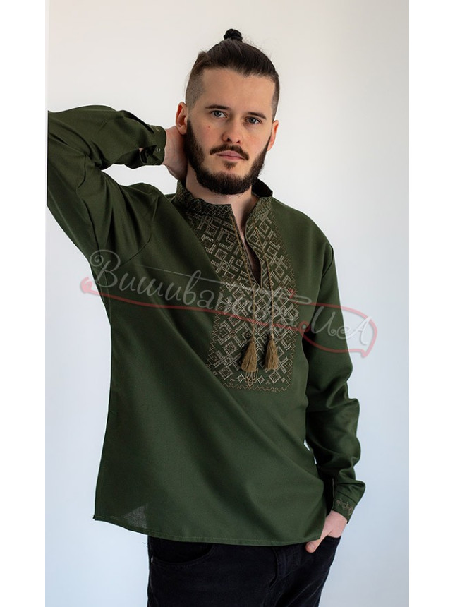 Vyshyvanka in khaki with the coat of arms 301-5