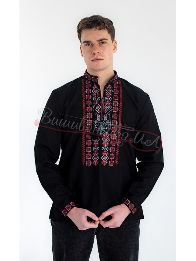Black men's vyshyvanka with the coat of arms 365-12 size 46