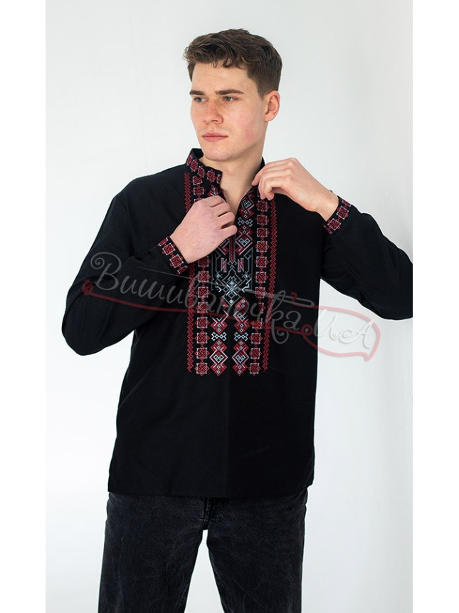 Black men's vyshyvanka with the coat of arms 365-12 size 46