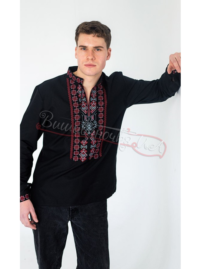Black men's vyshyvanka with the coat of arms 365-12 size 46