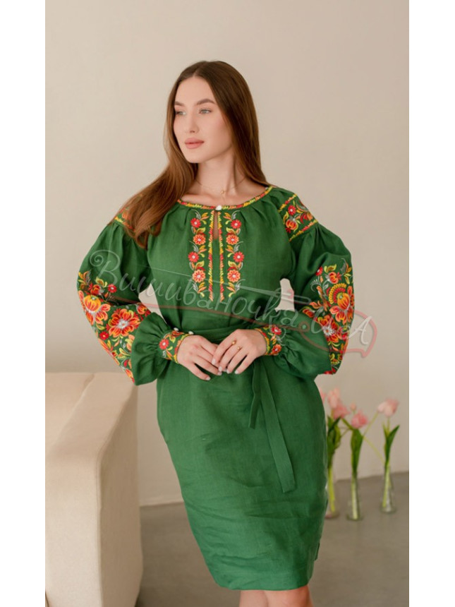Лляне плаття з вишивкою, коротке 4505-к