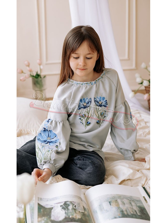 Grey vyshyvanka with flowers 9205-7